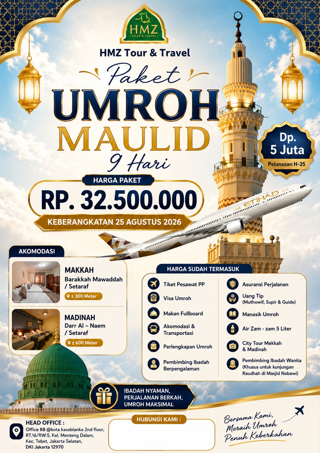 Brosur lengkap Paket Umroh Maulid 9 Hari — keberangkatan 25 Agustus 2026
